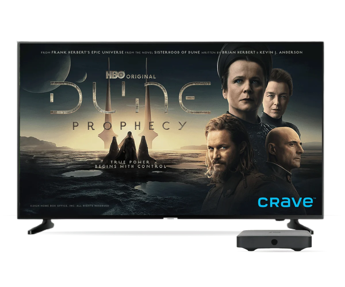 A big screen screen TV showing the hit Crave show 'Dune Prophecy', along with an Optik TV digital box.