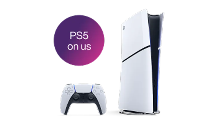 A PlayStation 5 console and remote. A roundel reads “PS5 on us”.