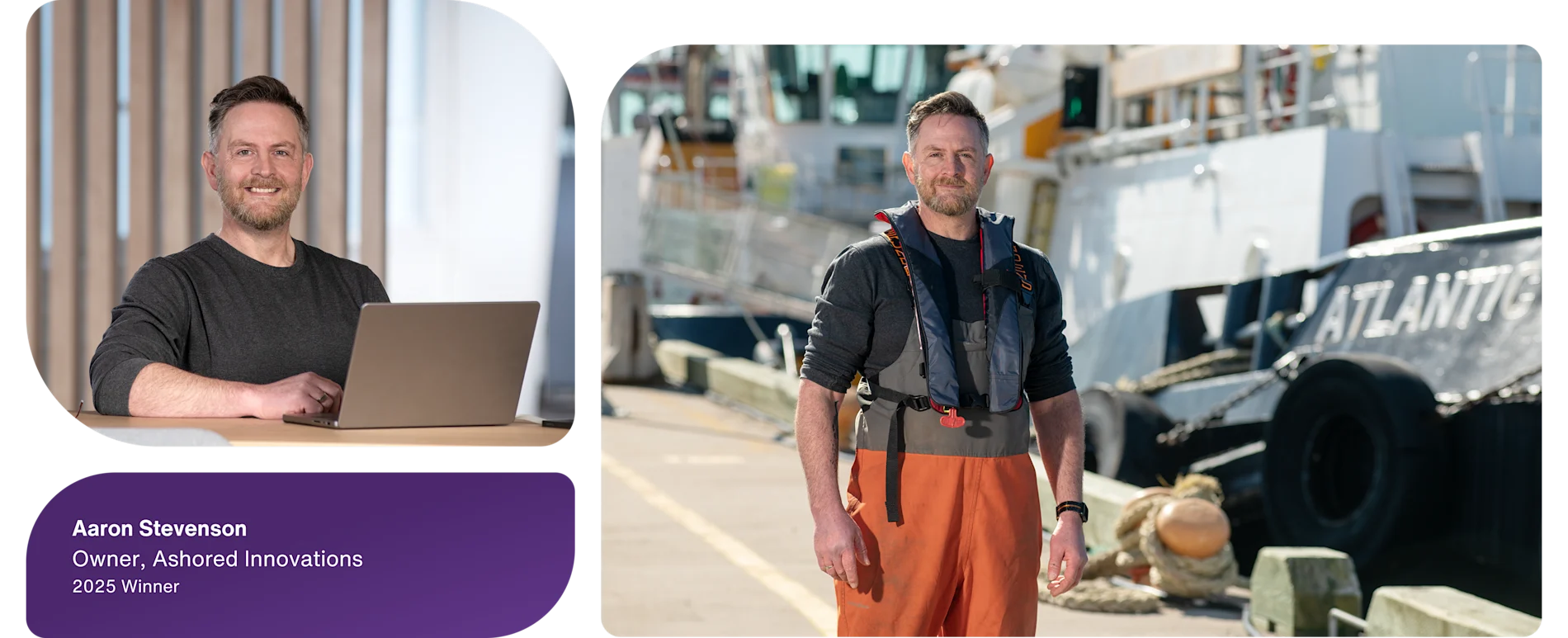 2025 winner Aaron Stevenson of Ashored Innovations seated at a desk and standing on a dock beside fishing vessels.