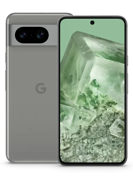 Back and front view of Google Pixel 8 in Hazel, a green colour.