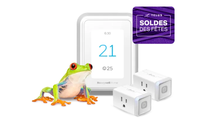 Une grenouille se tient à côté d’un thermostat intelligent et de deux prises de courant intelligentes qui portent l’inscription « Soldes des Fêtes ».