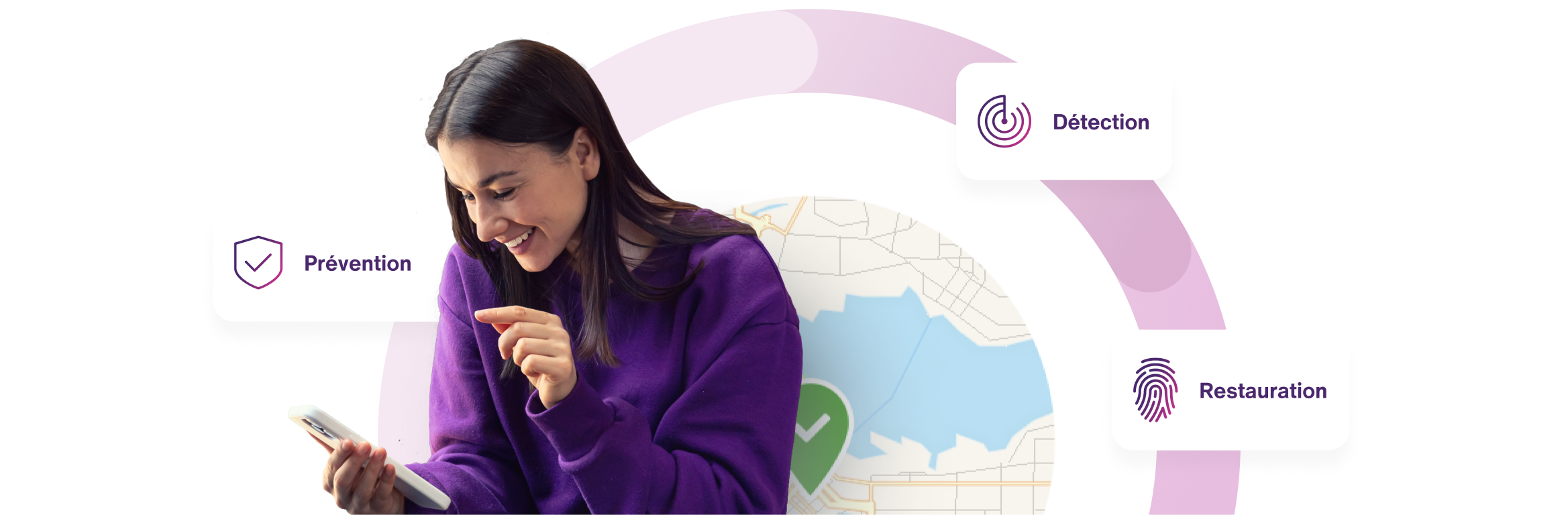 A woman using her mobile phone surrounded by the protection of prevention, detection and recovery from TELUS Online Security. 