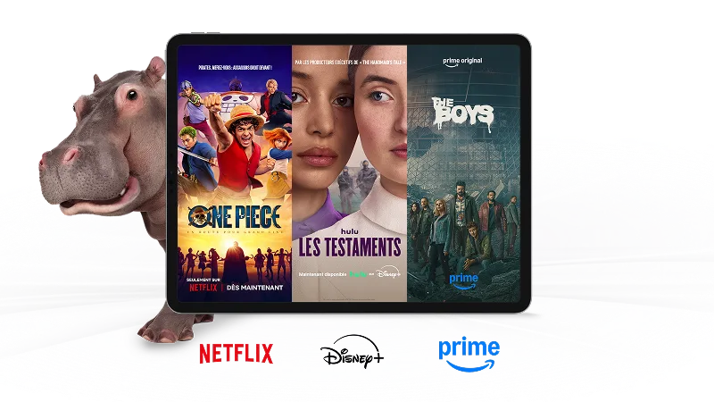 Une tablette affichant les affiches de One Piece, Les Testaments et Les Boys.