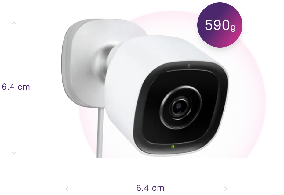 Outdoor Wi-Fi Security Camera with size markings of 26.4 x 15.2 x 7.6 cm and a weight of 590 grams