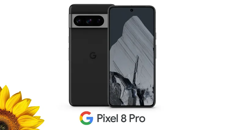Front and back view of the Google Pixel 8 Pro in Obsidian. A vibrant sunflower peeks out from the bottom left corner. 