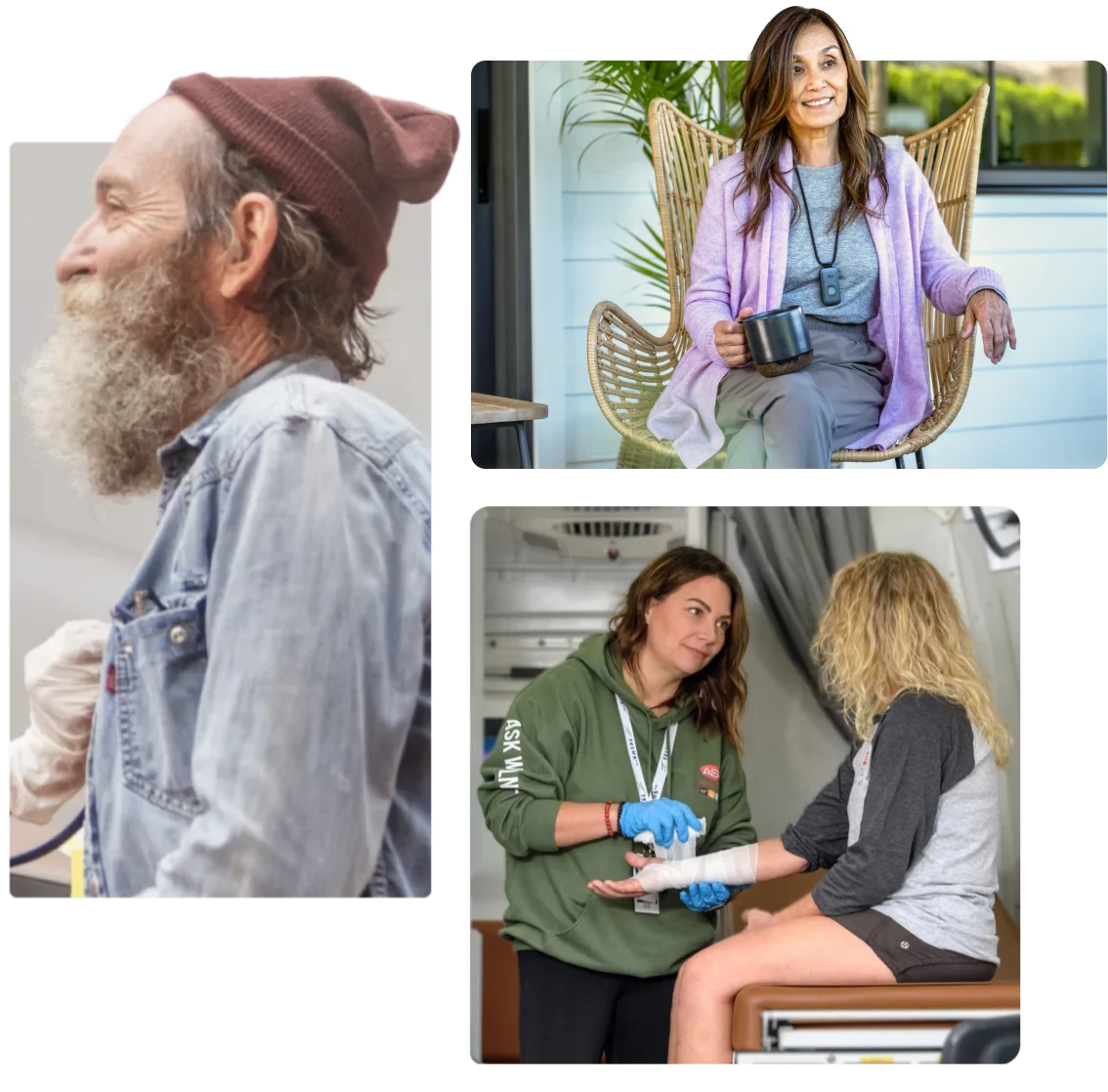 An image collage: a bearded man wearing a toque; a smiling woman sitting on the front porch of a house with a mug.