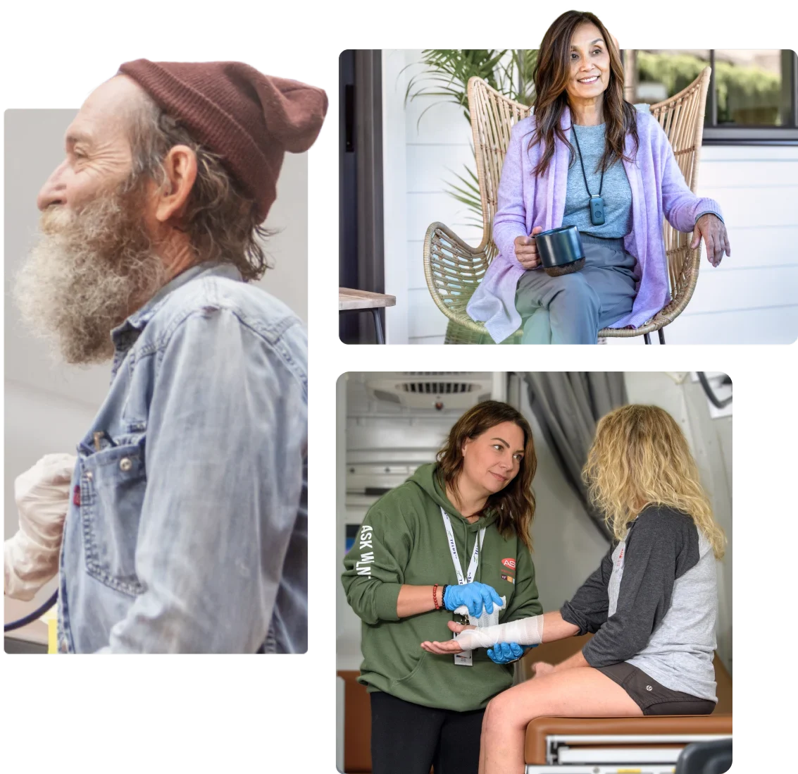 Collage d’image : un homme barbu portant une tuque; une femme assise sur son balcon avec une tasse qui sourit.