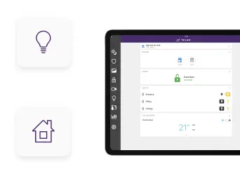 A tablet showing the home automation app screen with icons showcasing various functions.