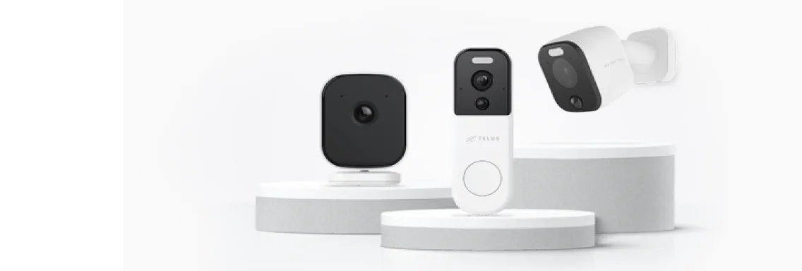 A TELUS Indoor, Doorbell and Outdoor camera are featured on podiums. 