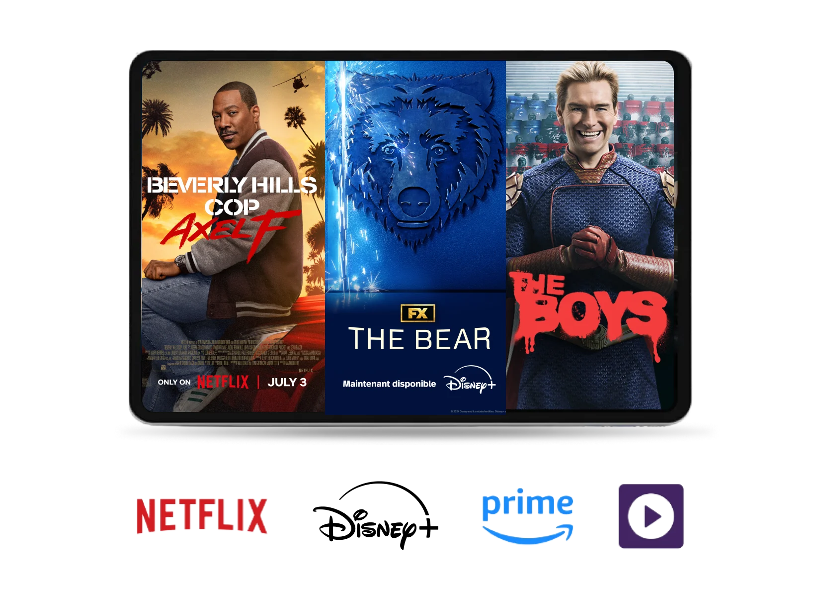 A tablet displaying three popular Stream+ series; Beverly Hills Cop Axel F on Netflix, The Bear on Disney+, The Boys on Prime.