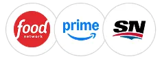 An image featuring logos of Amazon Prime, Food Network and Sportsnet.