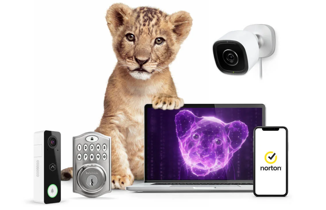 A TELUS lion cub, a doorbell camera, a smart lock, a security camera, and online security on a laptop and mobile device.