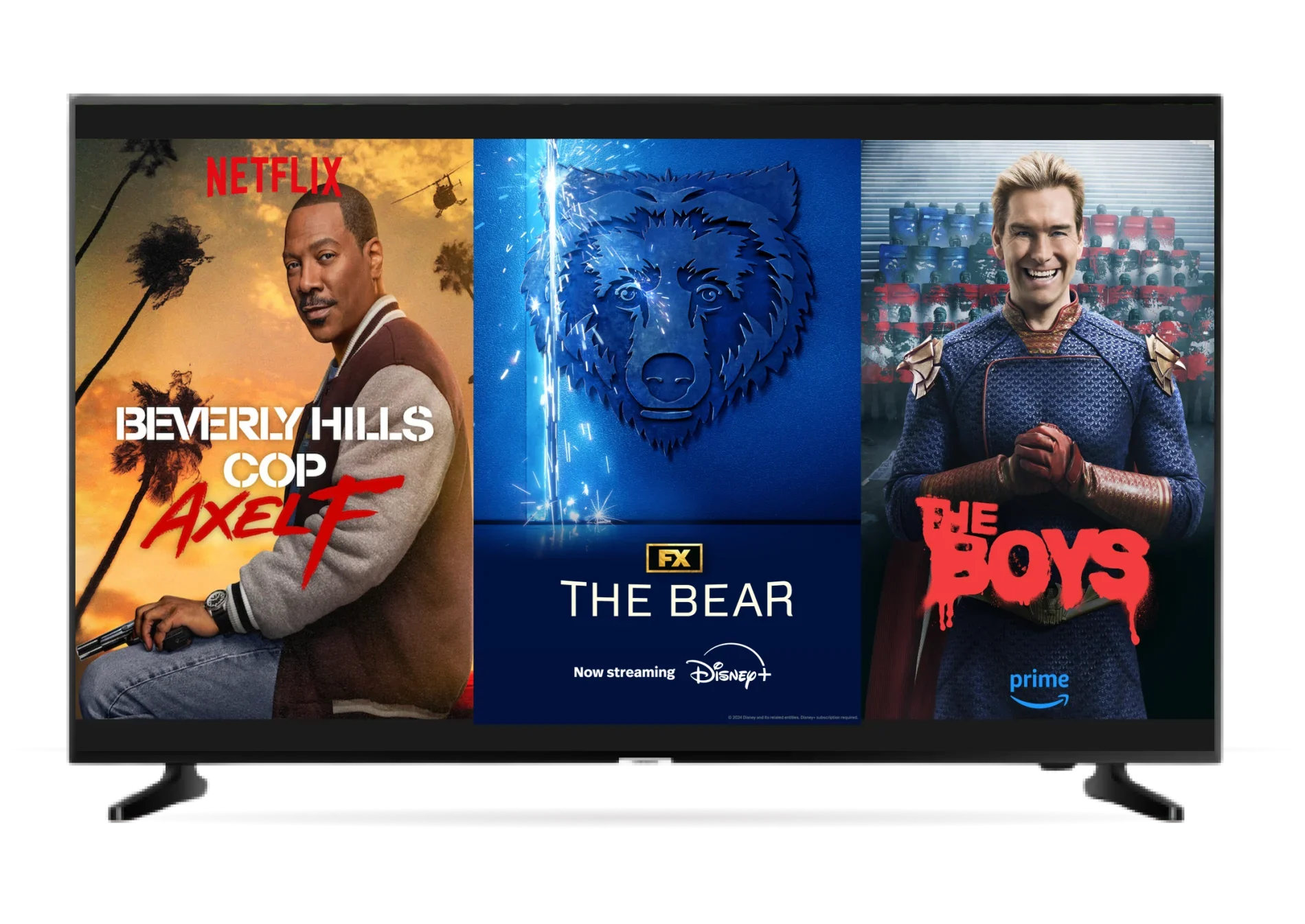 Poster: Beverly Hills Cop on Netflix  Poster: The Bear on Disney+ Poster: The Boys on Prime