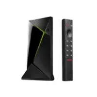 Nvidia Shield streaming device with a sleek angular design and matching black remote control.