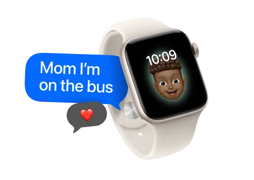Apple Watch SE 3 next to a text graphic that reads "Mom I'm on the bus".