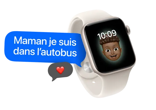 Apple Watch SE 3 à côté d'un graphique avec le texte suivant : « Maman, je suis dans l’autobus ».