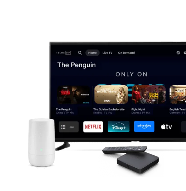 Un téléviseur affichant l’interface de Télé OPTIK derrière un décodeur Télé OPTIK et un terminal Wi-Fi TELUS.