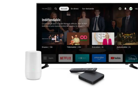 Un téléviseur affichant l’interface de Télé OPTIK derrière un décodeur Télé OPTIK et un terminal Wi-Fi TELUS.