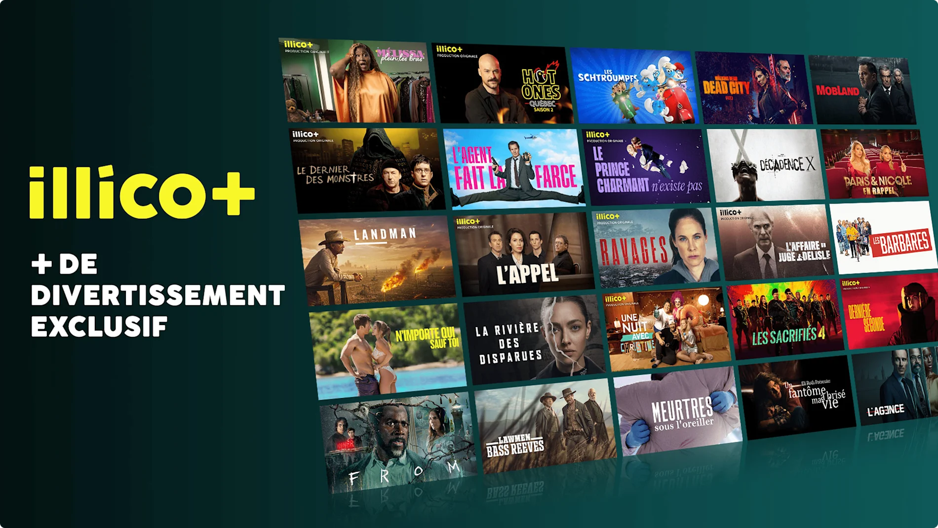 Série d'affiches présentant du contenu populaire - offert uniquement sur illico+.