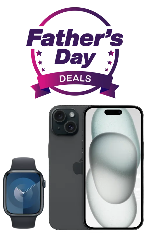 An Apple Watch and iPhone 15. Text reads: Father’s Day deals