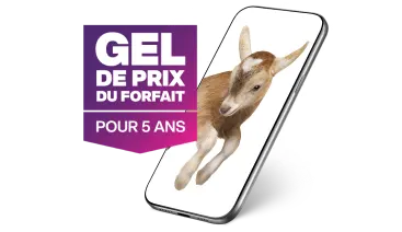 Un téléphone intelligent montrant un cabri, avec une bannière promotionnelle violette indiquant « GEL DE PRIX DU FORFAIT POUR 5 ANS » positionnée à gauche de l’appareil.