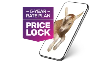 A smartphone displaying a baby goat, with a purple promotional banner reading '5-YEAR RATE PLAN PRICE LOCK' positioned to the left of the device.