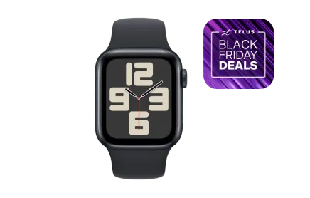 An image showing an Apple Watch SE with the TELUS Black Friday Banner on the right side.