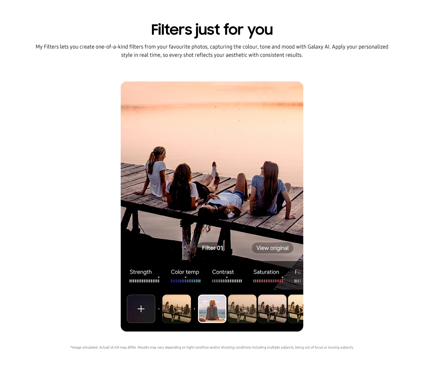 Samsung My Filters shows a smartphone photo editing interface with friends on a dock at sunset, demonstrating personalized filter controls like Strength, Color temp, Contrast, and Saturation, along with AI-generated filter variations.