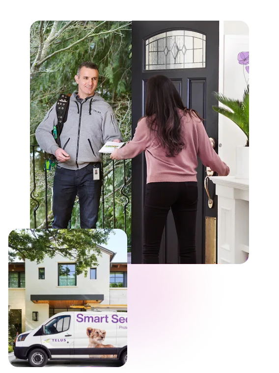 A woman greeting a TELUS technician at her door and a TELUS technician van shown outside a home.