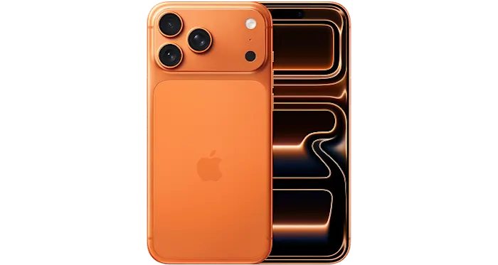 Vue avant et arrière de l'iPhone 17 Pro Max en Orange cosmique.