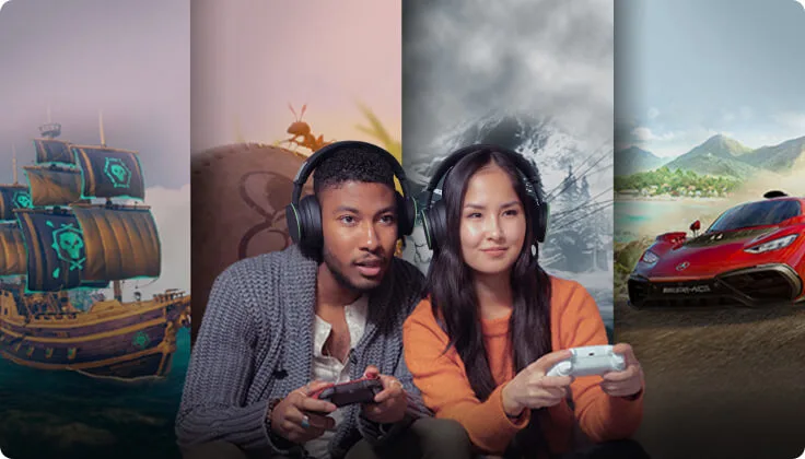 Two players wearing headsets and holding controllers over four images from various games.