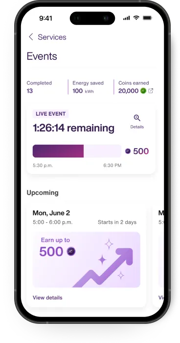 Application TELUS MC+ affichant un défi d’économie d’énergie Énergie intelligente en cours, les récompenses possibles et les appareils inscrits. 