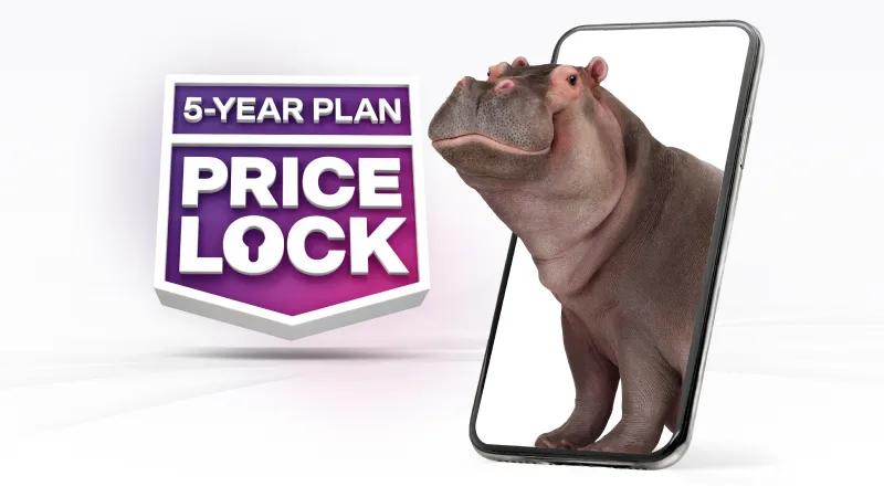 A large hippo emerging from the screen of a smartphone featuring the TELUS 5-Year Plan Price Lock badge on the left side.