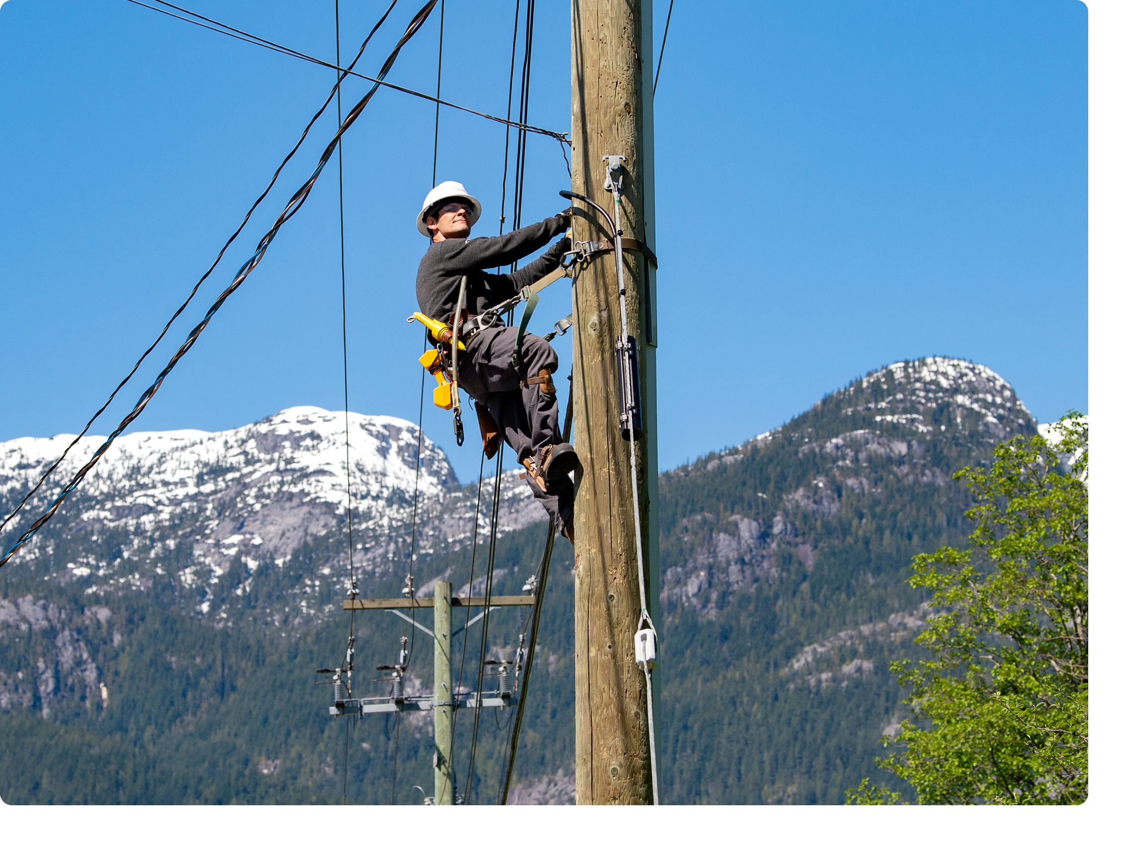 A TELUS team member scaling a power line pole.
