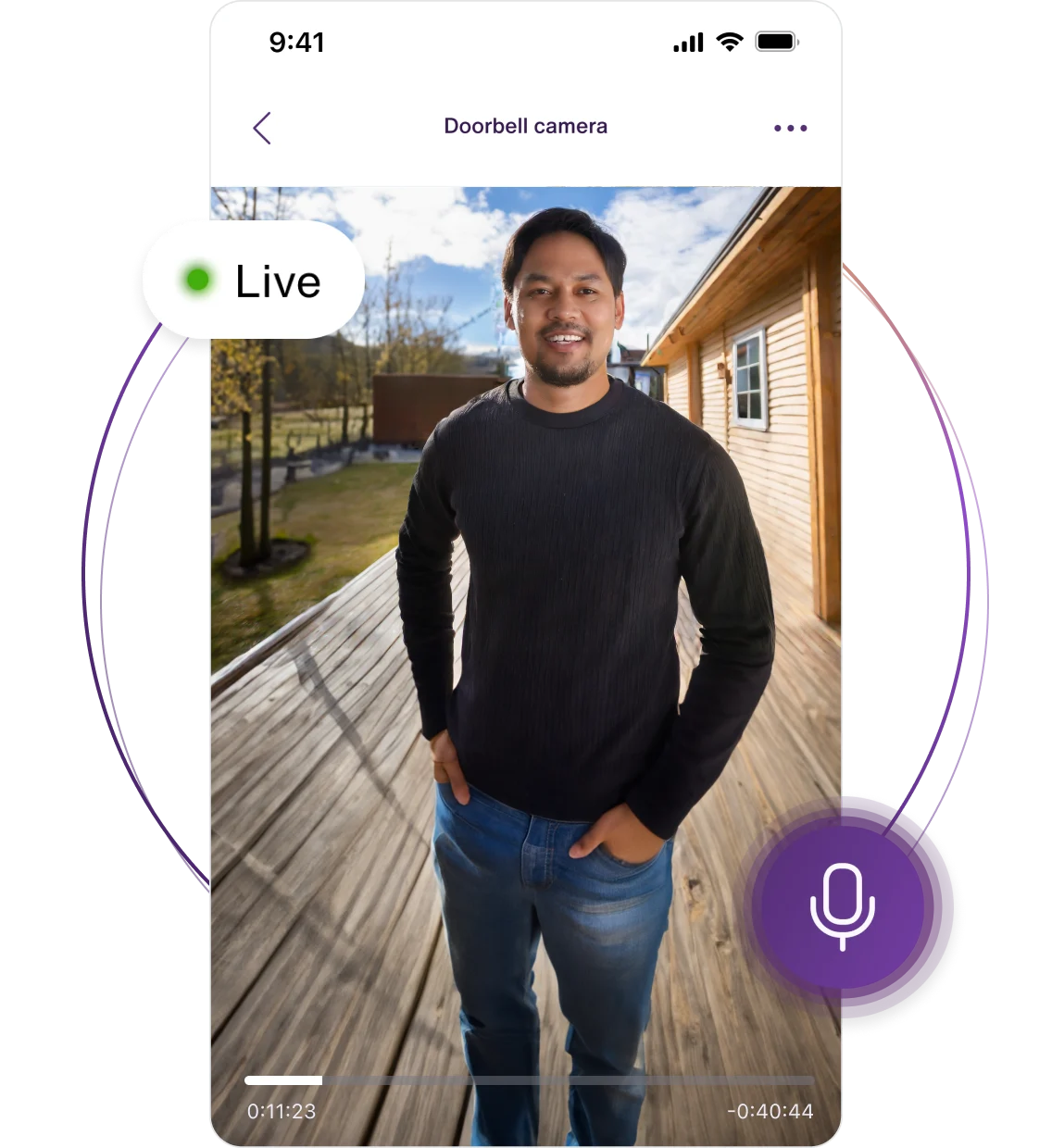 The video feed from the doorbell camera with a visitor at the door with the label Live and an icon for a microphone. 