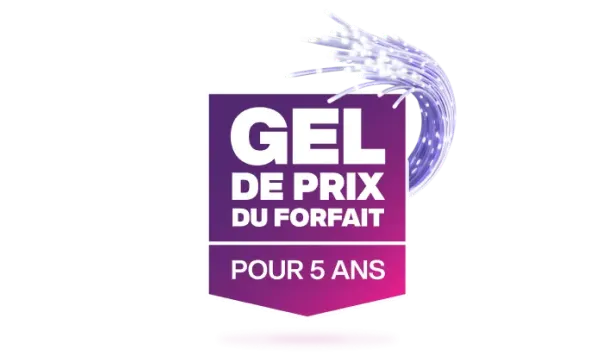 Une image présentant le logo Gel de prix du forfait pour 5 ans de TELUS dans une bannière violette et rose.