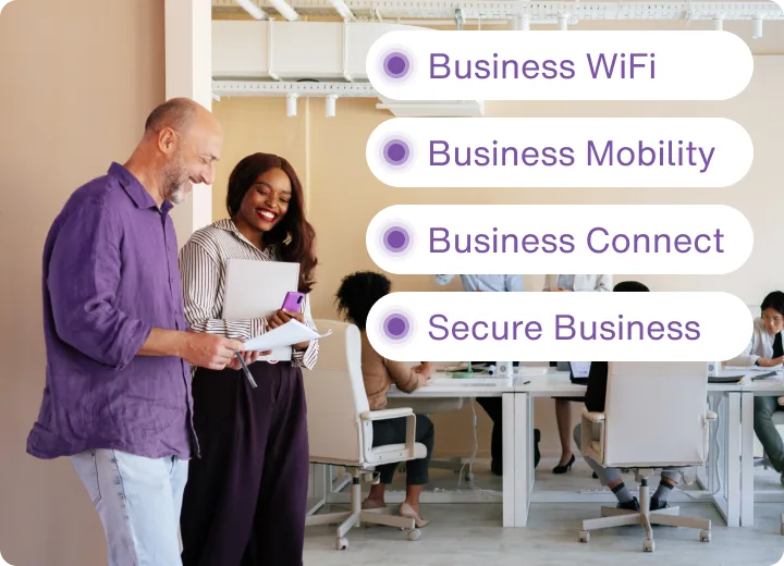 Business owner on a laptop; purple icons for Wi-Fi, mobile, phone and security camera, promoting bundles.