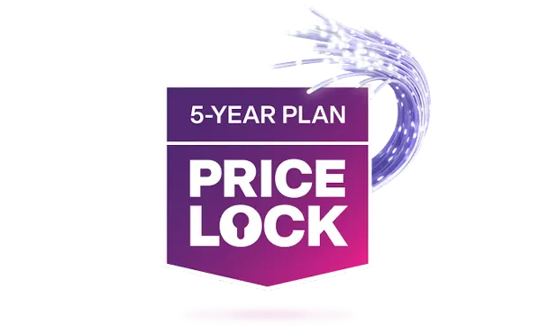 An image featuring the TELUS 5-year Internet rate plan price lock logo in a purple and pink gradient banner.