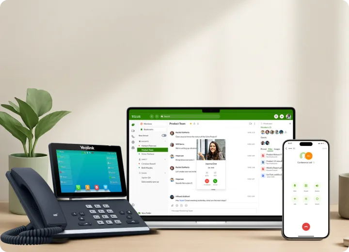 Desk phone, laptop, and smartphone showing TELUS Business Connect screens.