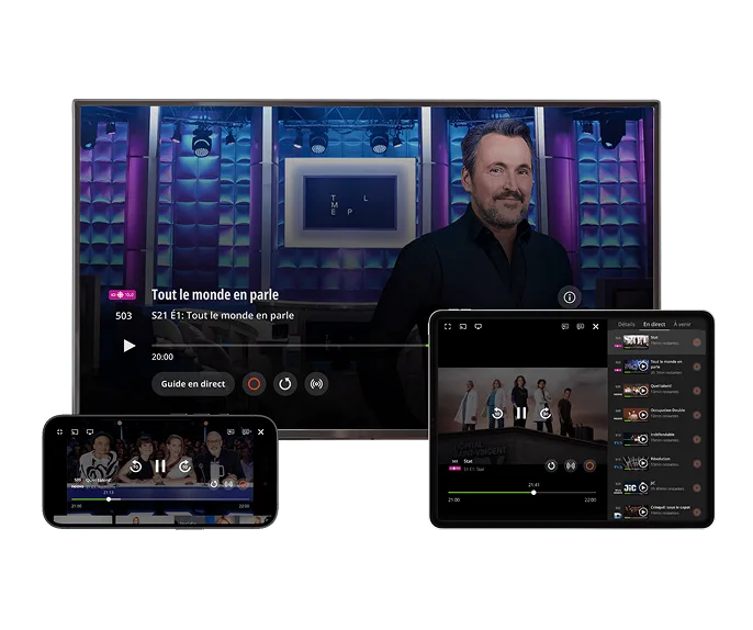 Un grand téléviseur, une tablette et un téléphone intelligent avec l'application TELUS TV ouverte, présentant des contenus populaires comme Stat, Quel talent et Tout le monde en parle.