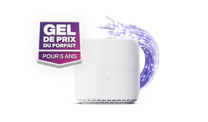 Un modem TELUS à côté du badge « Gel de prix du forfait pour 5 ans ».