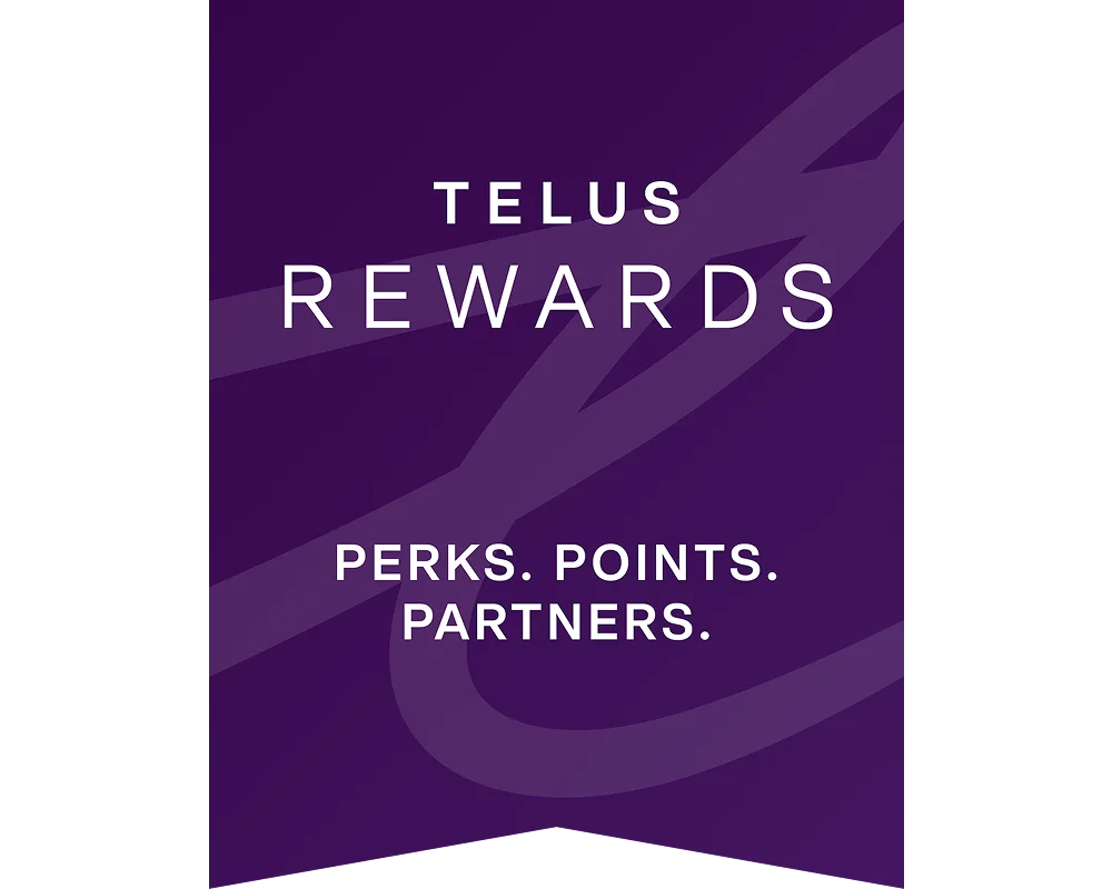 A purple banner-like graphic that reads,"TELUS REWARDS. Perks. Points. Partners."