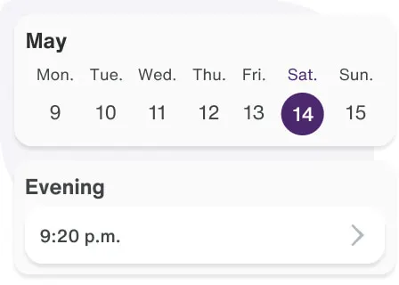 App screenshot of booking calendar with time slot selected.