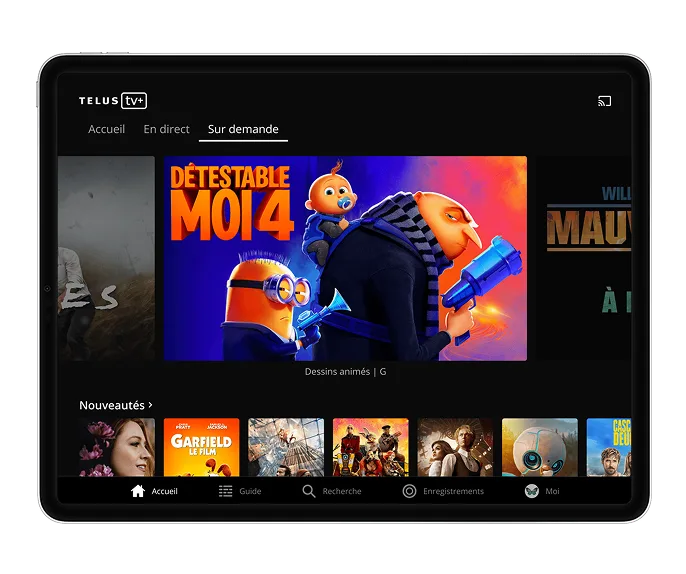 Une tablette montre que vous avez accès à un large éventail de films et de séries à succès grâce à l'application TELUS TV+.