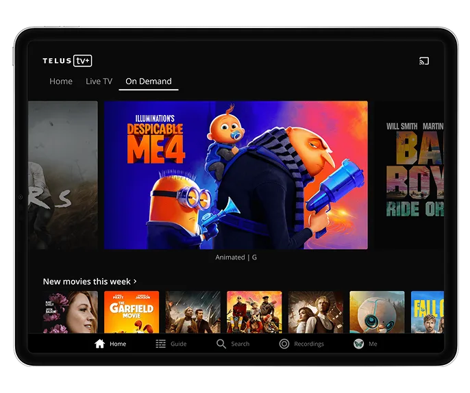 A tablet with the TELUS TV app open, featuring popular content such as Despicable Me 4.