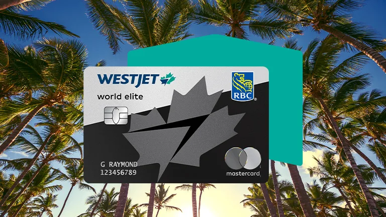 A WestJet RBC World Elite Mastercard in front of a teal card, set against a tropical background of palm trees.