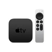 Apple TV 4K box with a sleek silver remote control.