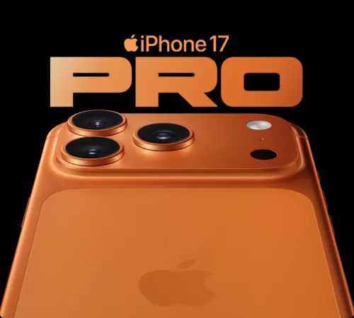 iPhone 17 Pro in Cosmic Orange featuring a triple-camera system. The text 'iPhone 17 PRO' is displayed prominently above the device.