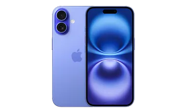 Front and back view of an Ultramarine iPhone 16.