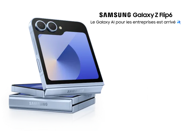 Une vue pliée du Samsung Galaxy Flip6 en bleu avec les mots“Le Galaxy AI pour les enterprises est arrivé”